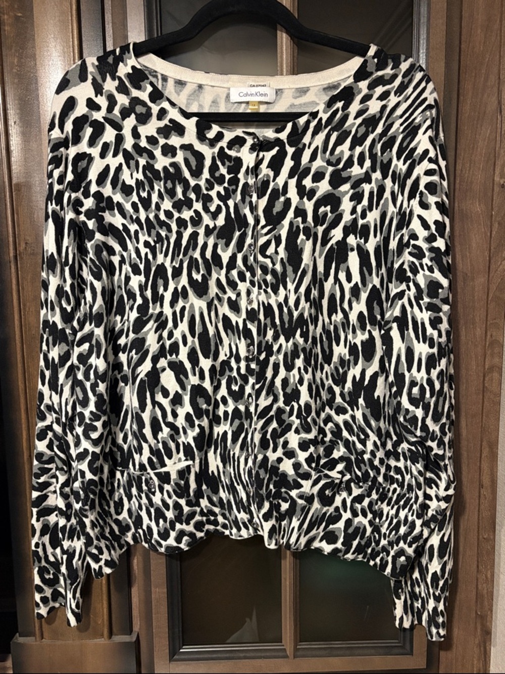 Calvin Klein Black & White Leopard-Print Button Cardigan